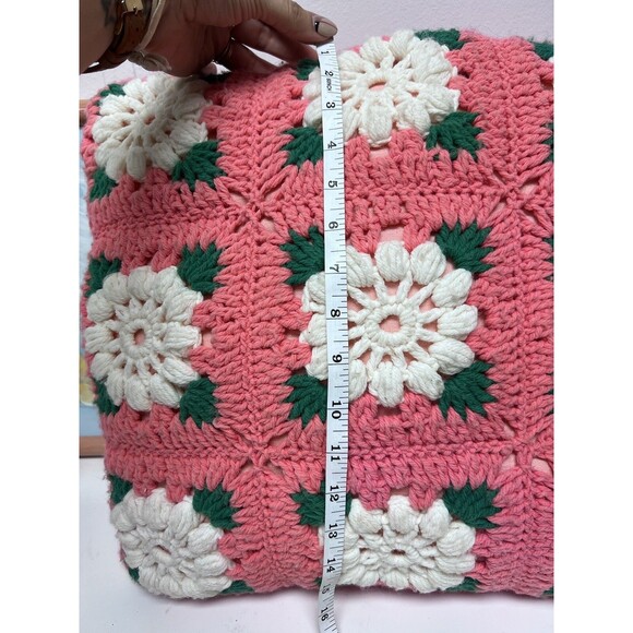 Vintage Pink Crocheted Granny Square Handmade Throw Pillow Cottage Core 15x15 - Picture 3 of 4
